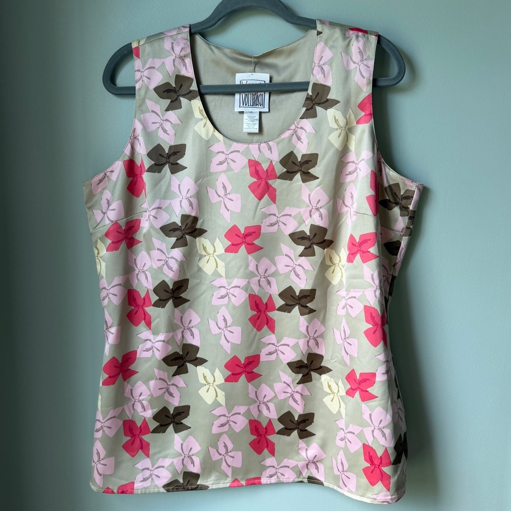 Very Vollbrach Sleeveless Top Reversible Bows Pink Beige Brown Sleeveless SZ XL